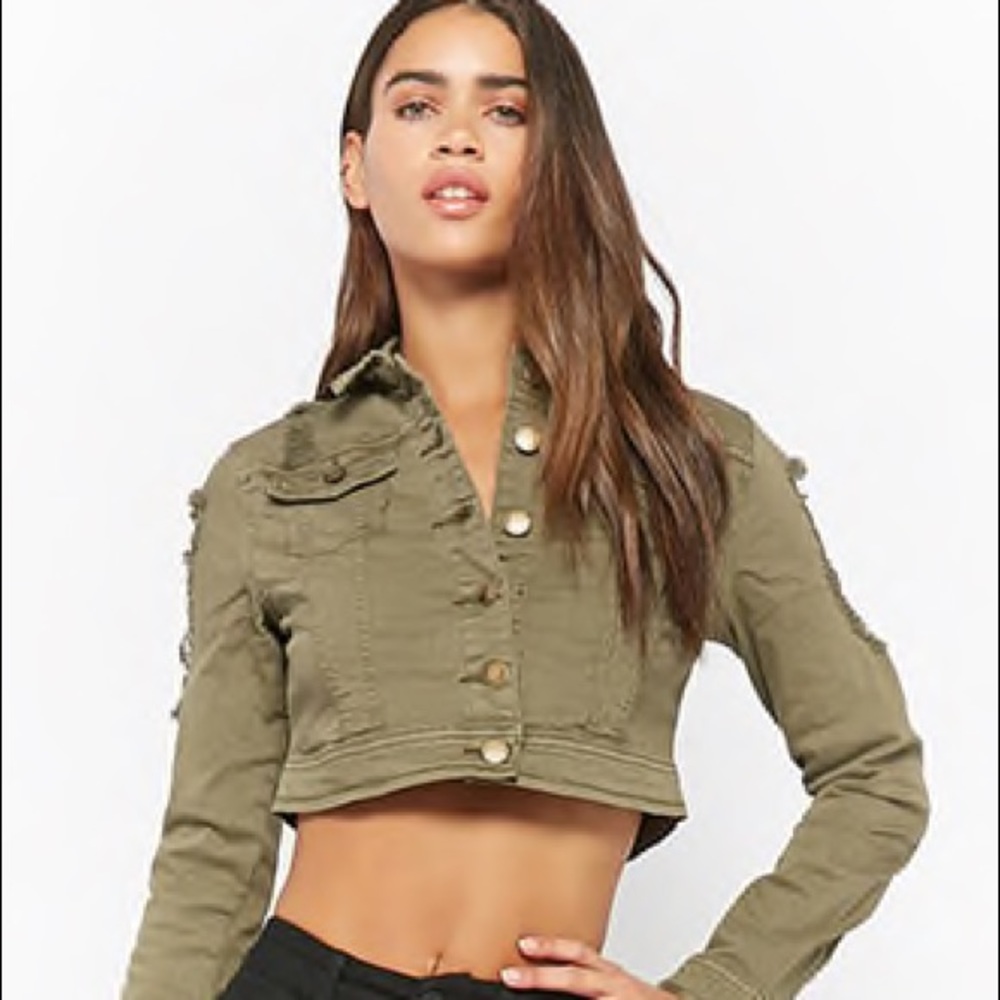 Olive Green Distressed Crop Jacket